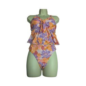 Bikini-Flourescent Floral Print Highrise Bottoms & Tie Front Ruffled Tank